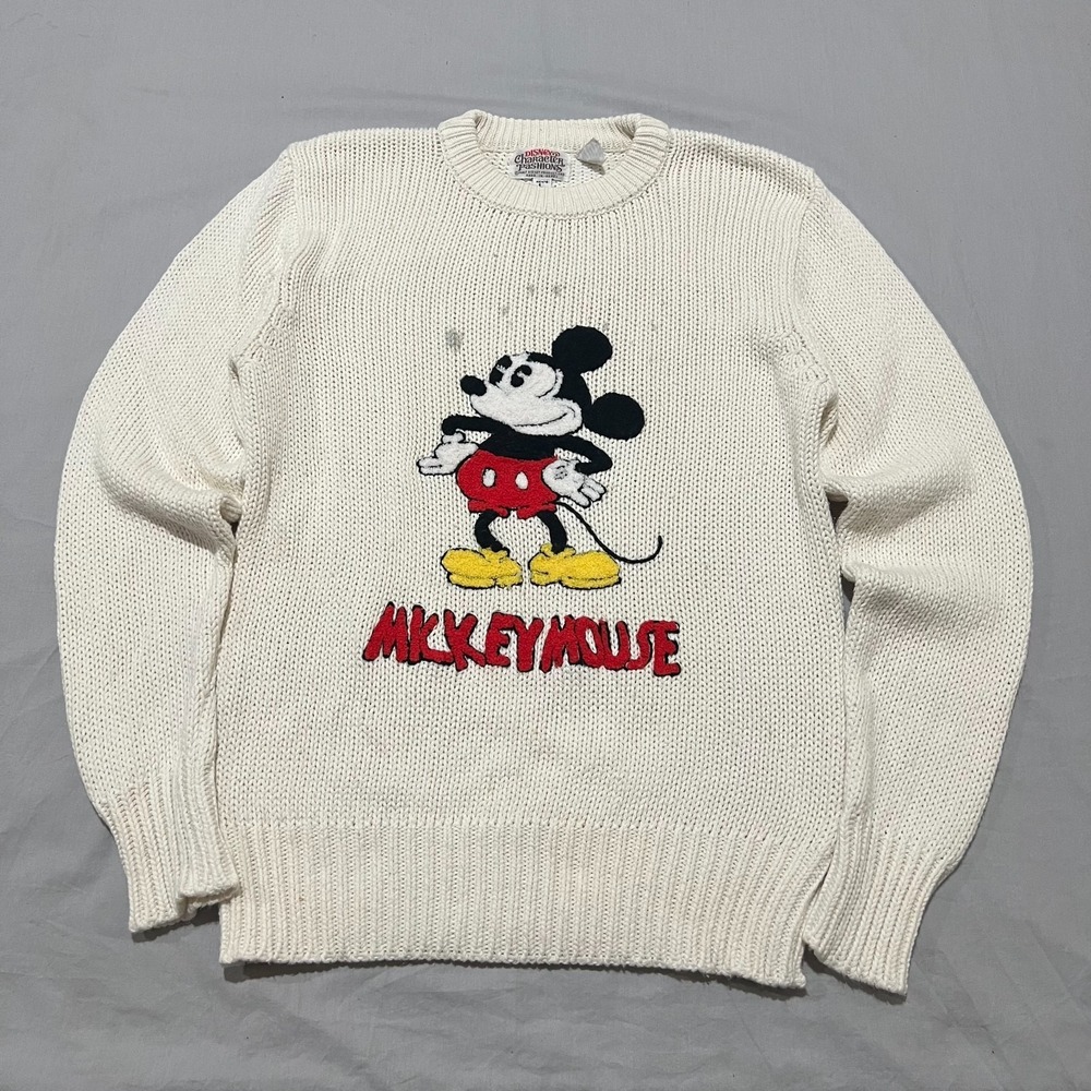 VTG 80s Disney Character Fashions Mens White Embroidered Mickey Mouse Sweater L